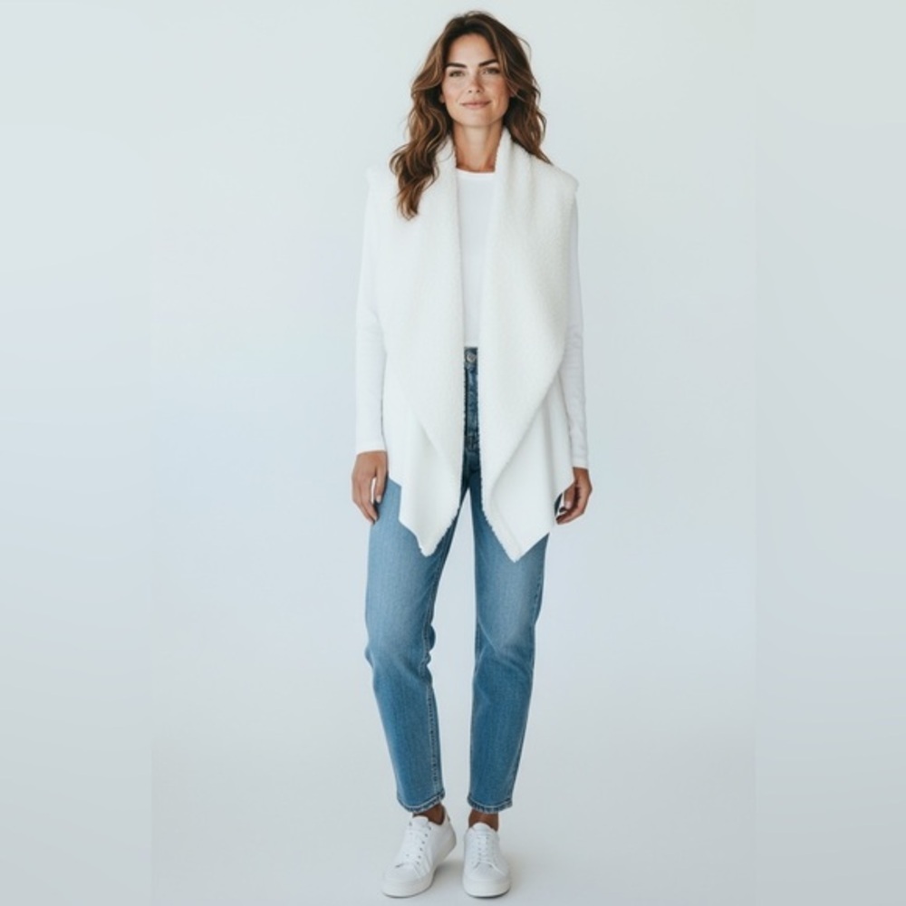 Kate & Sam Sherpa Lined Open Front Knit Cardigan Vest – White, Size S